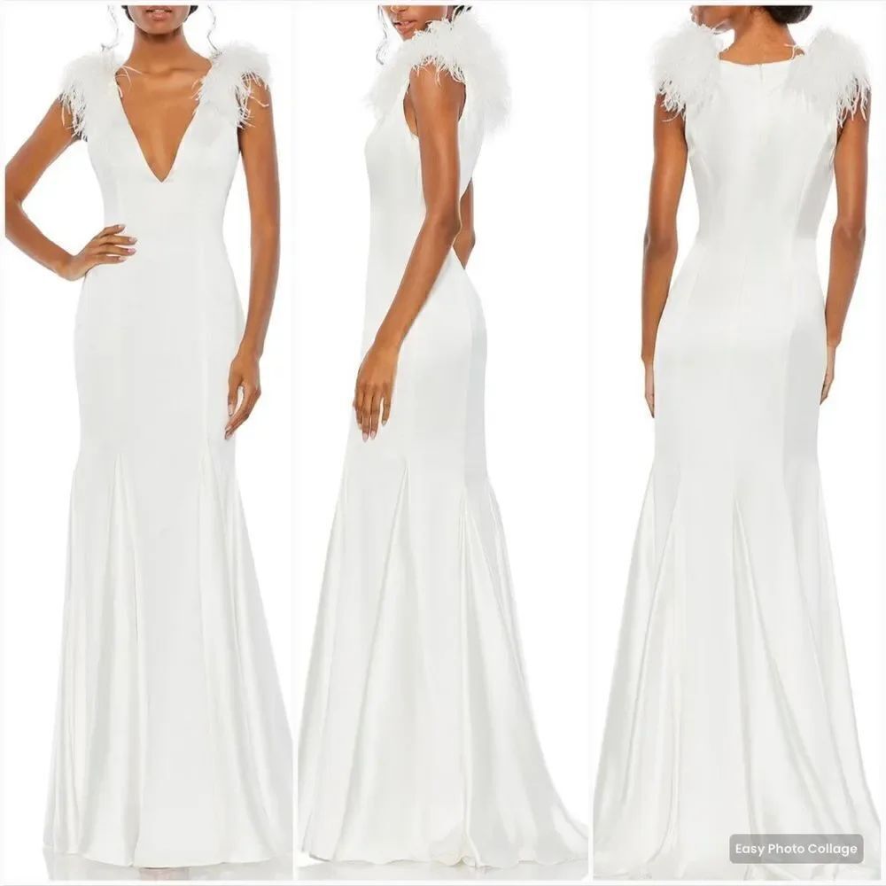 Mac Duggal Size 4  White Feather Shoulder Satin V Neck Plunge Maxi Gown Dress